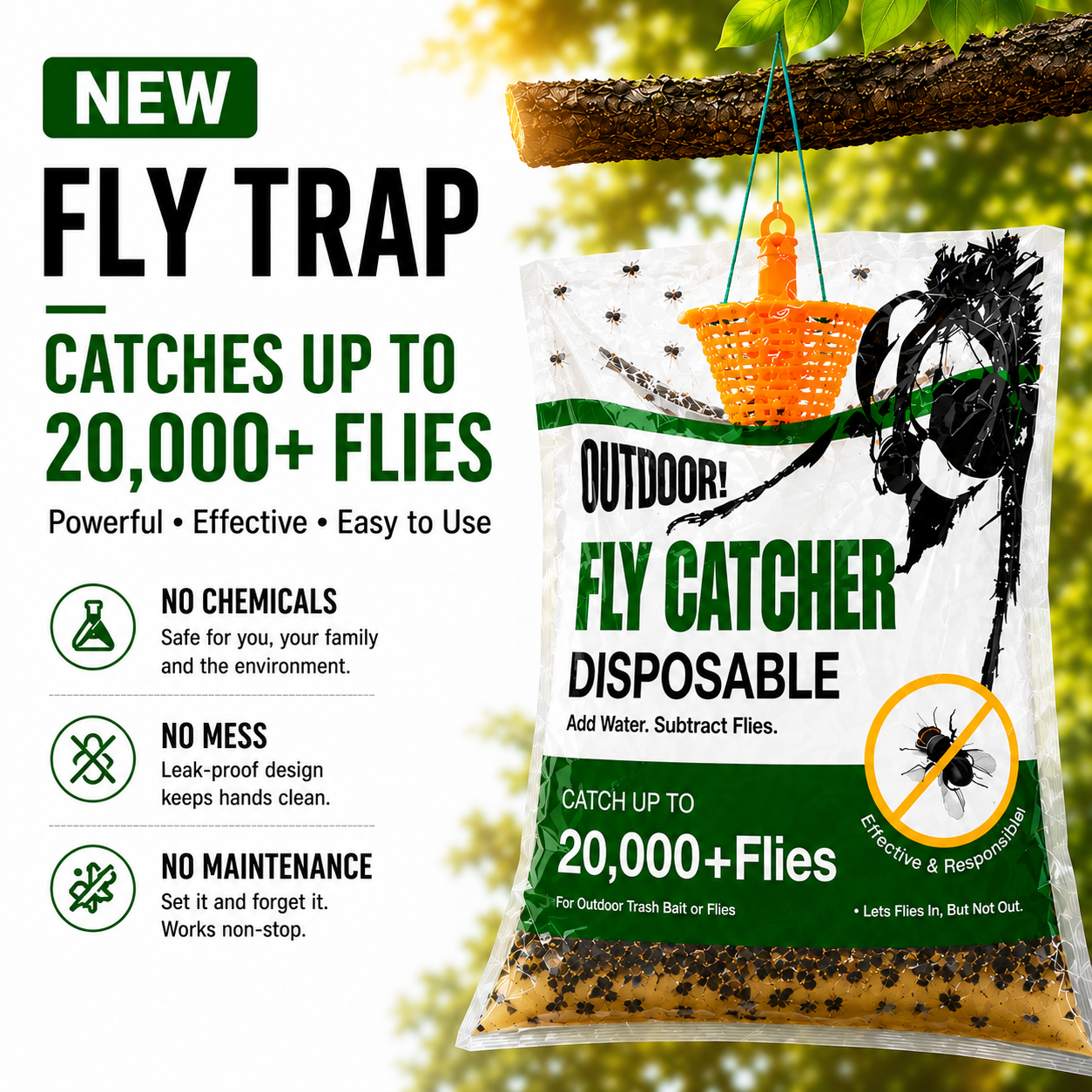 New Fly Trap Bag – Ultra-Powerful Attractant, Captures 20,000+ Flies!